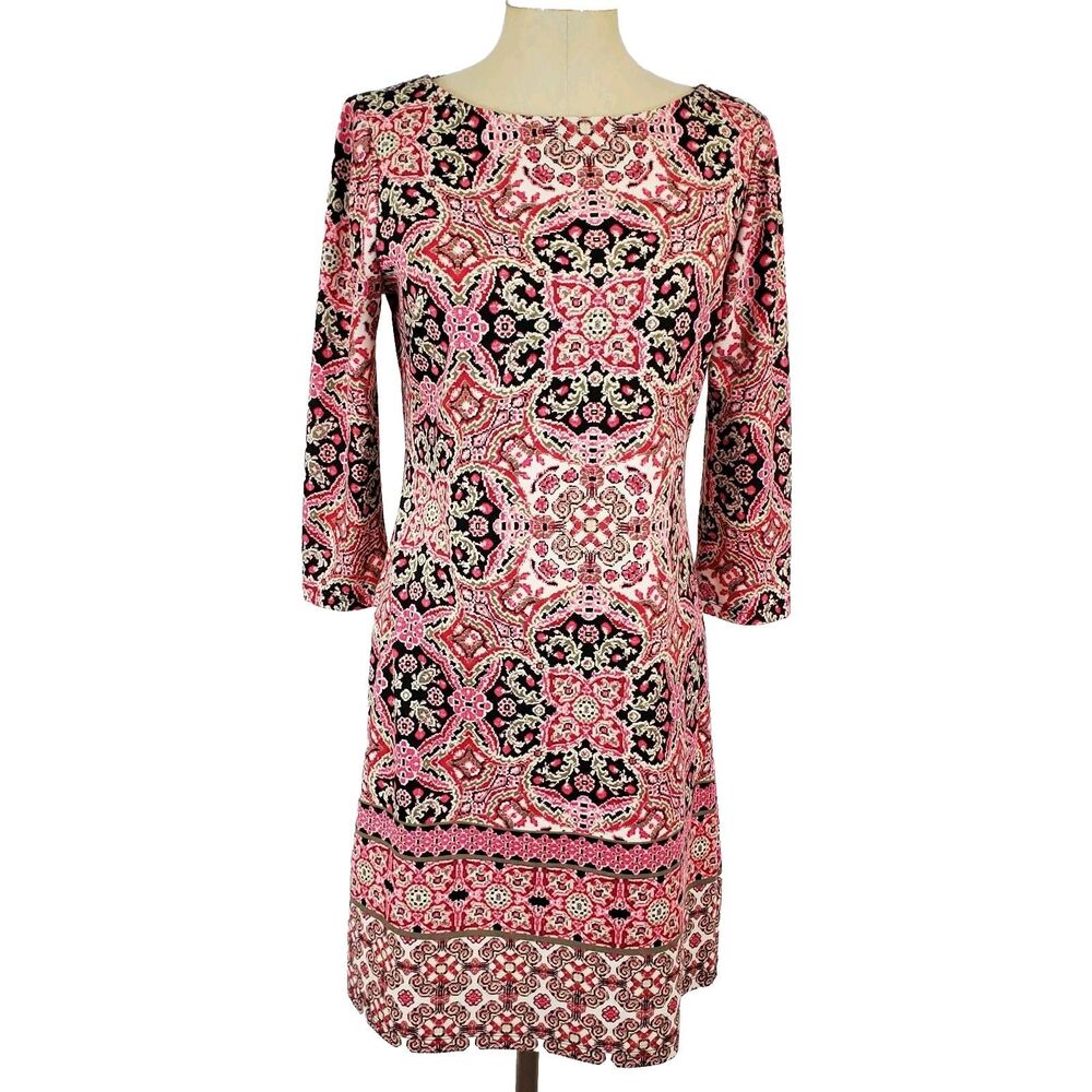 Wisp Ponte Knit 3/4 Sleeve Sheath Dress 8 Geo Print Boho Artsy Eclectic Retro